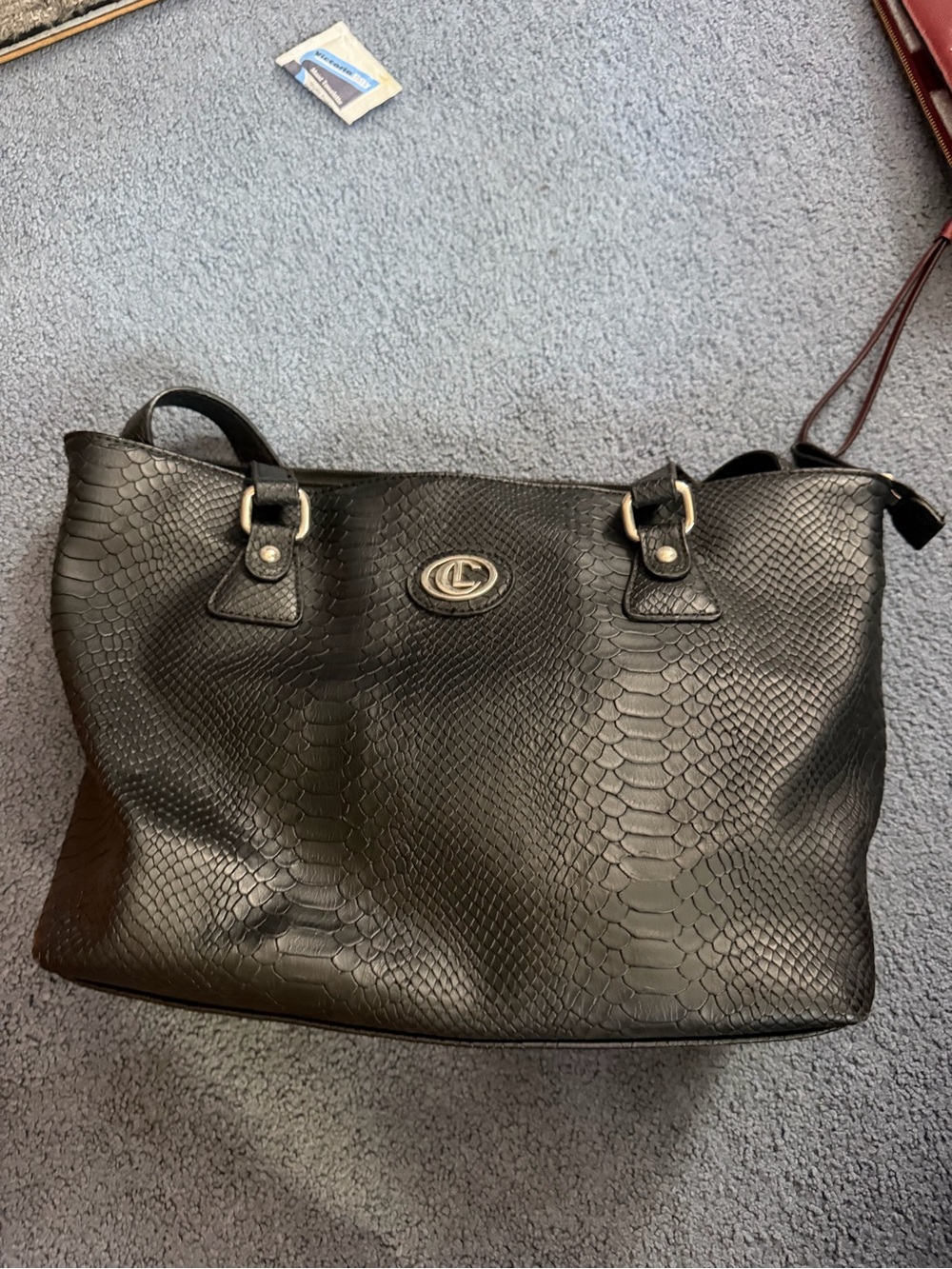 Liz Claiborne Black Faux-Snake Tote with Logo Emblem